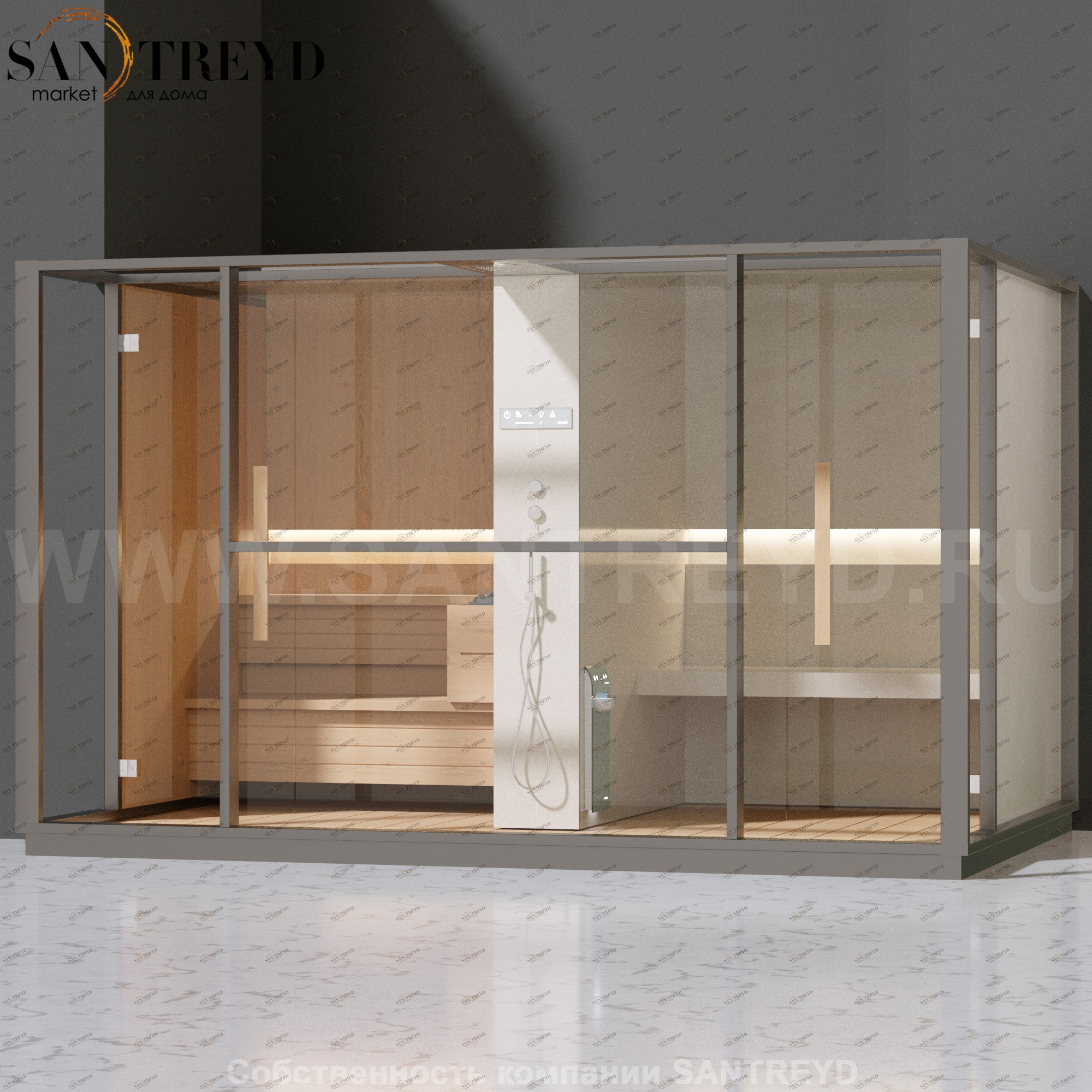 Effegibi LOGICA LO10010010 Комбинированная баня: хаммам и сауна. Установка: в левый  полуугол. Мощность: 10,5 кВт макс. Размеры: длина 373 см, ширина 250 см. Отделка: канадский хемлок, матовый лакированный серый аллюминий и бежевый ламинат из керамогранит