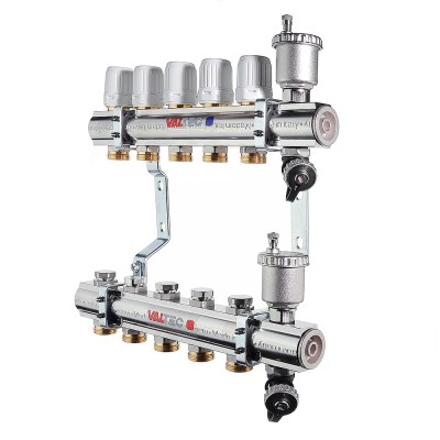 VTc.594.EMNX.0609 Коллекторный блок латунный c термостатическими и балансировочными клапанами Valtec 1", 9 x 3/4", "евроконус" 