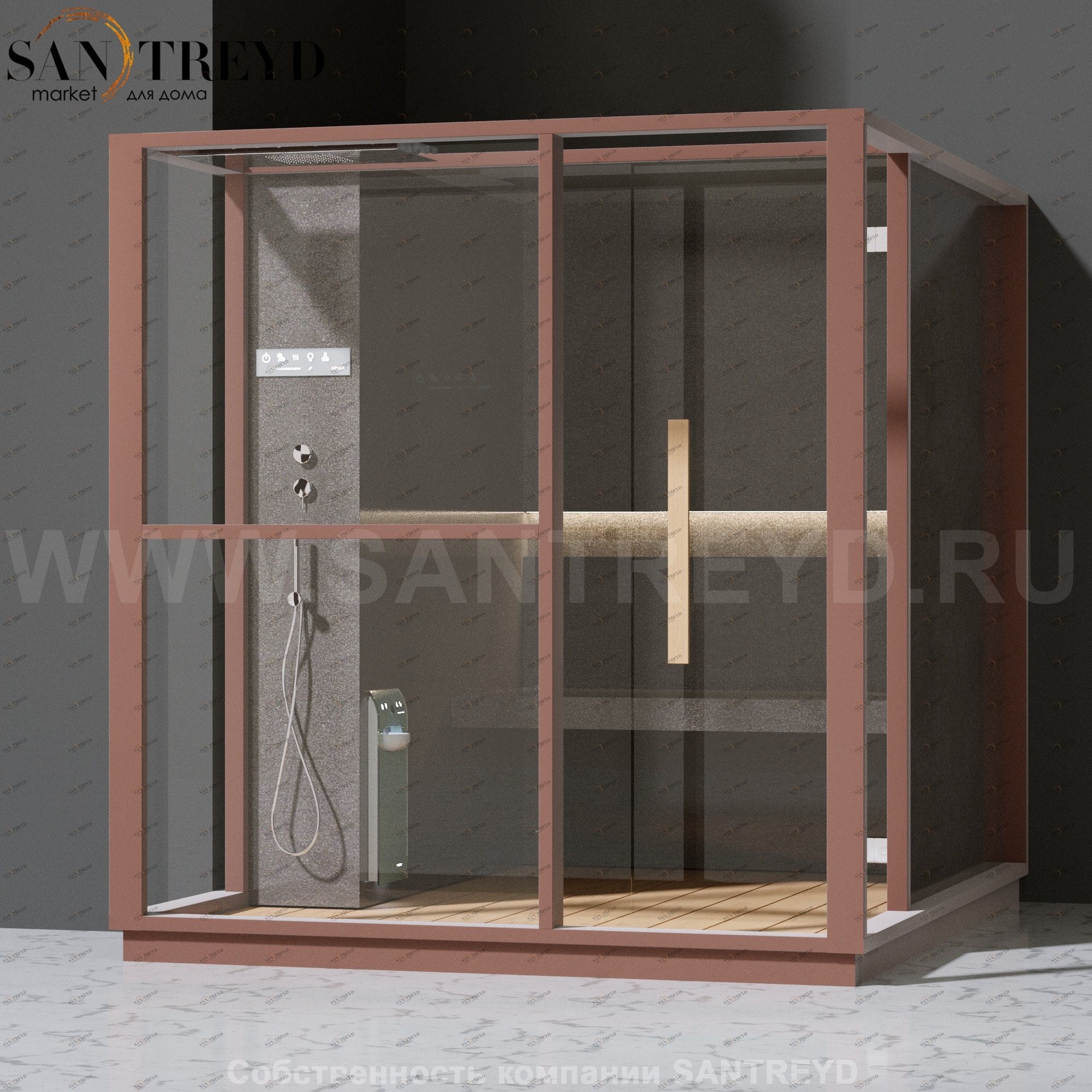 Effegibi LOGICA H LO30030014 Хаммам. Установка: в левый  полуугол. Левая дверь. Мощность: 4,5 кВт макс. Размеры: длина 214 см, ширина 250 см. Отделка: матовый лакированный коричневый аллюминий и темный ламинат из керамогранита.