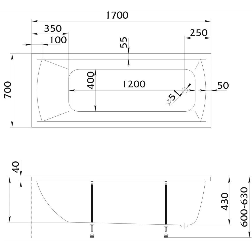 Акриловая ванна 100Acryl Ницца с анатомической спинкой 170x70 см 83240825 У99328 STLM-0039837 - Вид №10