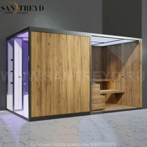 Effegibi BODYLOVE SH BL45230001 Боковая комбинированная баня: хаммам и сауна. Установка: в правый угол. Мощность: 15 кВт макс. Размеры: длина 393 см, ширина 176 см. Отделка: термообработанная древесина, гладкое стекло и гладкая термообработанная древесина
