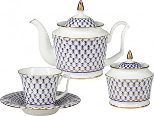 10629241 Императорский фарфоровый завод Сервиз чайный ИФЗ "Кобальтовая сетка" на 6 персон 14 предметов, ф.Юлия Фарфор костяной