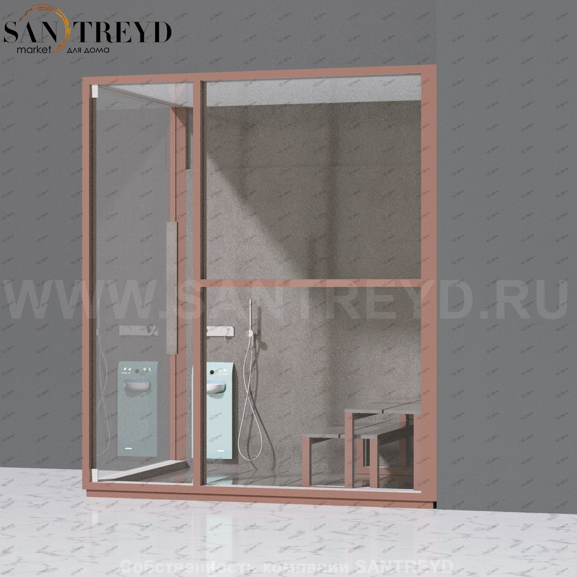 Effegibi H LARGE LO80030005 Комбинированная баня: хаммам и душ. Установка: в правый угол. Правая дверь. Мощность: 4,5 кВт макс. Размеры: длина 173 см, ширина 102 см. Отделка: матовый лакированный коричневый аллюминий и темный ламинат из керамогранита.