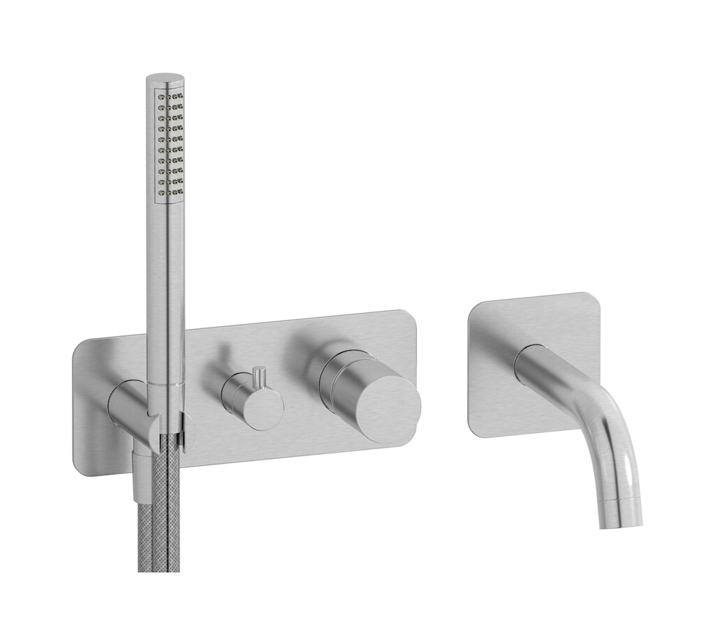 Настенный смеситель для ванной на с дивертером и душевым гарнитуром. WE ARE IB rr398ss Brushed Nickel Brera