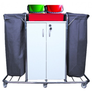 KHA 3202 Nossa Тележка для горничной многофункциональная 2 мешка для белья или мусора, лоток. цветные ведра 4х5л. шкаф с полками с замком поворотные колеса 80мм.
