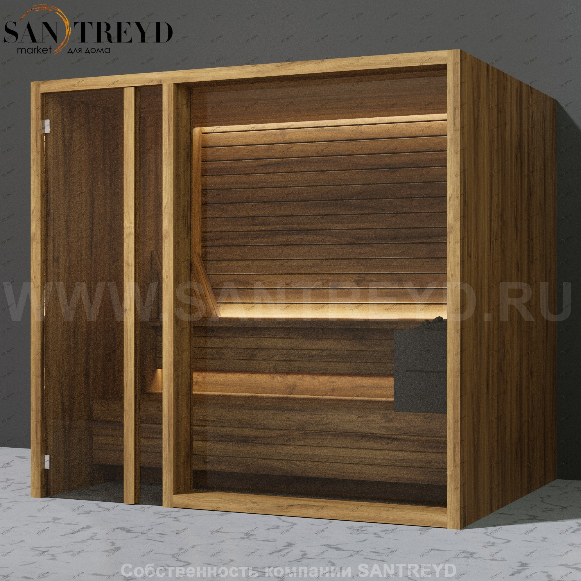 Effegibi YOKU.G105 SA.70300006 Сауна с левой дверью. Мощность: 10,5 кВт макс. Размеры: длина 230 см, ширина 200 см. Отделка: термообработанное дерево SA70300006