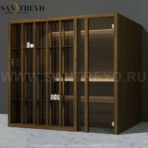 Effegibi YOKU.S105 SA.70100001 Сауна с правой дверью. Мощность: 10,5 кВт макс. Размеры: длина 230 см, ширина 200 см. Отделка: чёрный орех