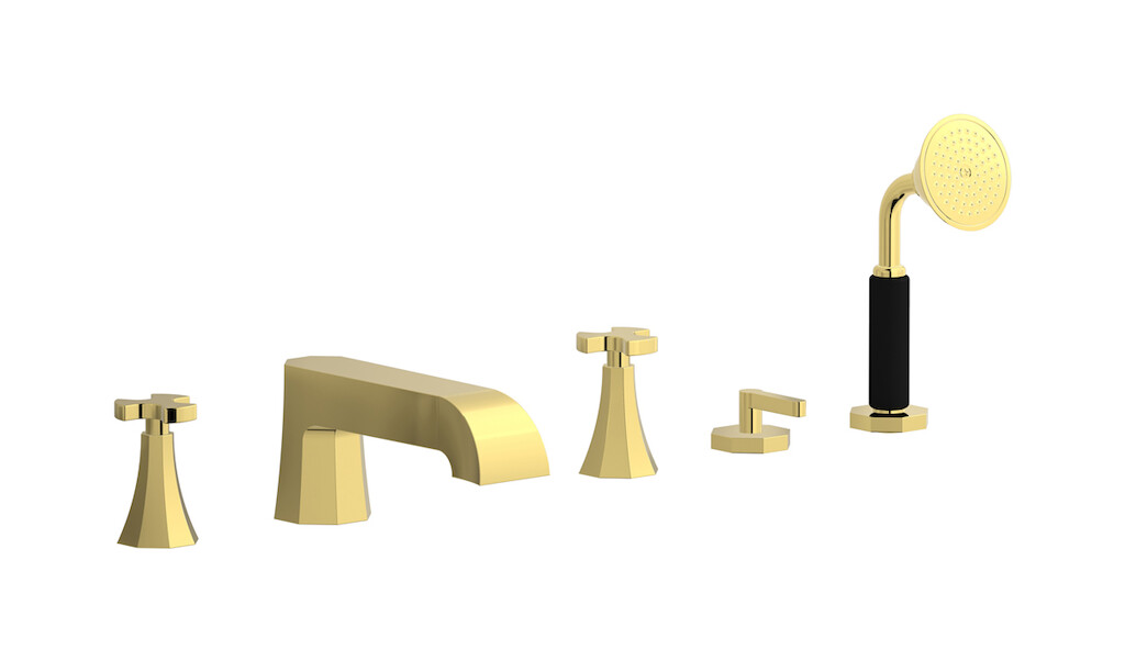 Смеситель на бортик ванной на 5 отверстий с дивертером и душевым гарнитуром. WE ARE IB bt396oo Gold Belmondo 