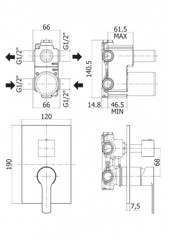 Встраиваемый смеситель для душа с поворотным переключателем на 3 выхода CEZARES OVEST-DEV3-01  - Вид №1