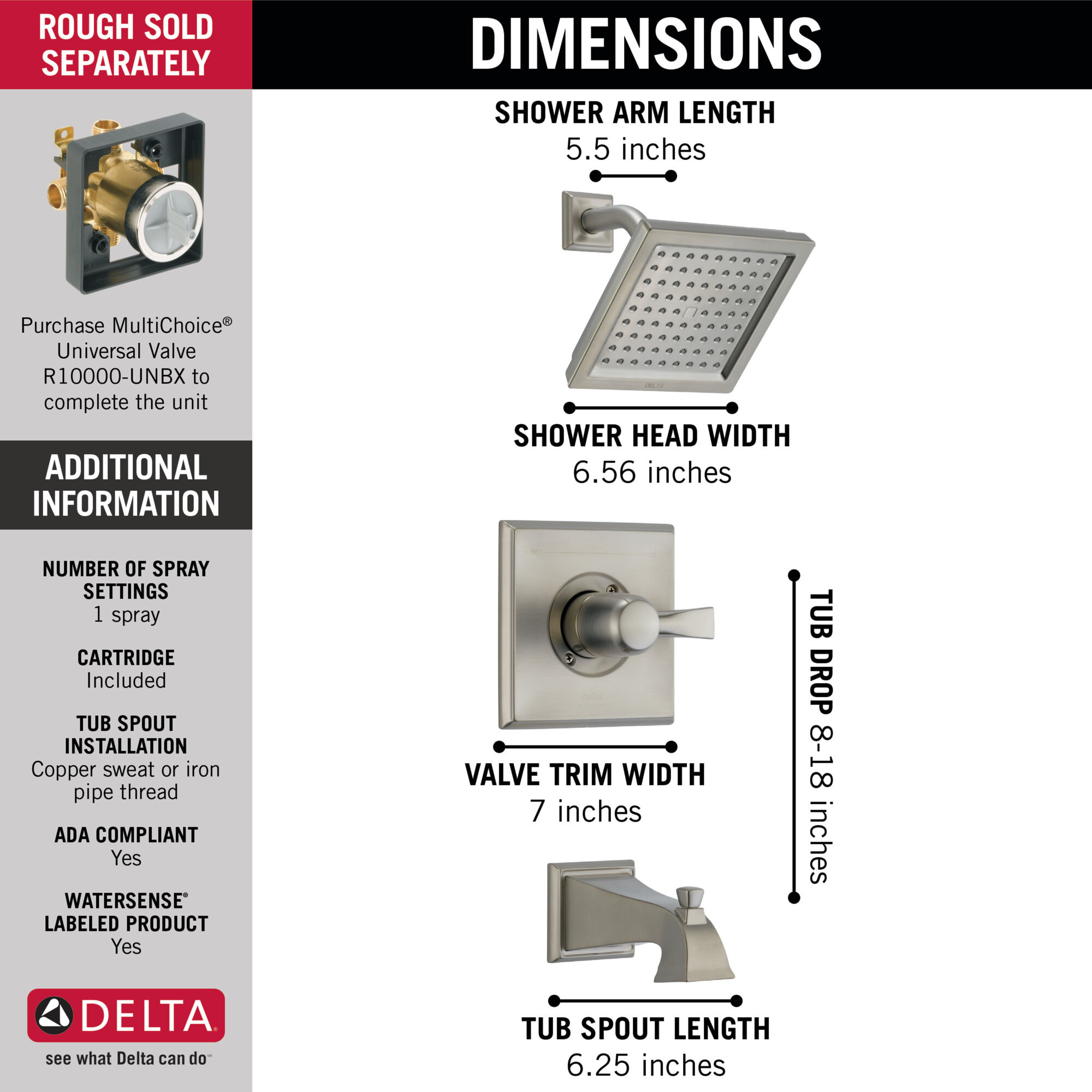 T14451-SS-WE Для ванны и душа Monitor® серии 14 Delta Faucet Dryden Нержавеющая сталь  - Вид №1