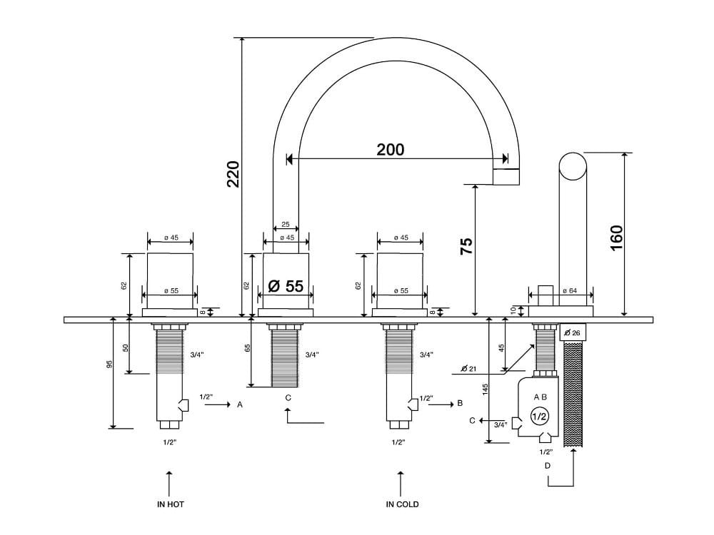 Набор для ванны с 4 отверстиями и ручным душем rvb FLAMANT DOCKS ARCH-00037839 - Вид №5