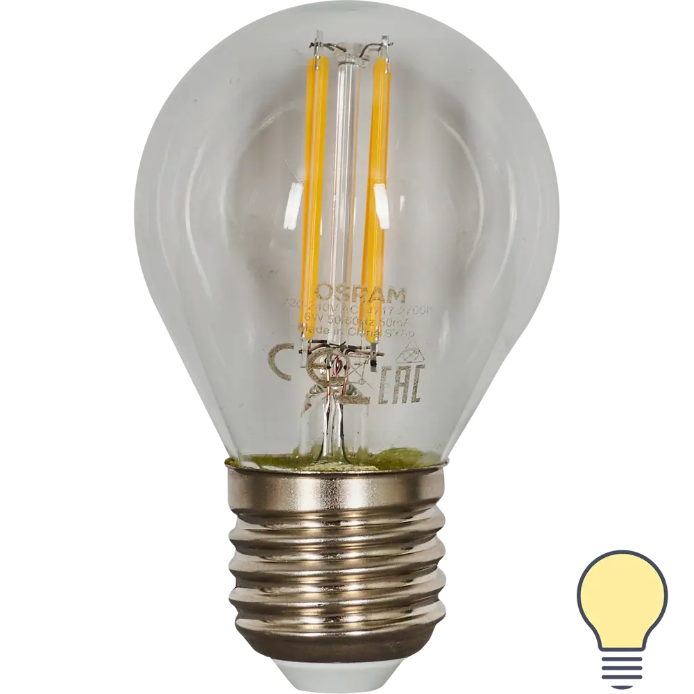 Лампа светодиодная Osram E27 220 В 6 Вт шар прозрачная 800 лм тёплый белый свет 82481262 STLM-2050499 