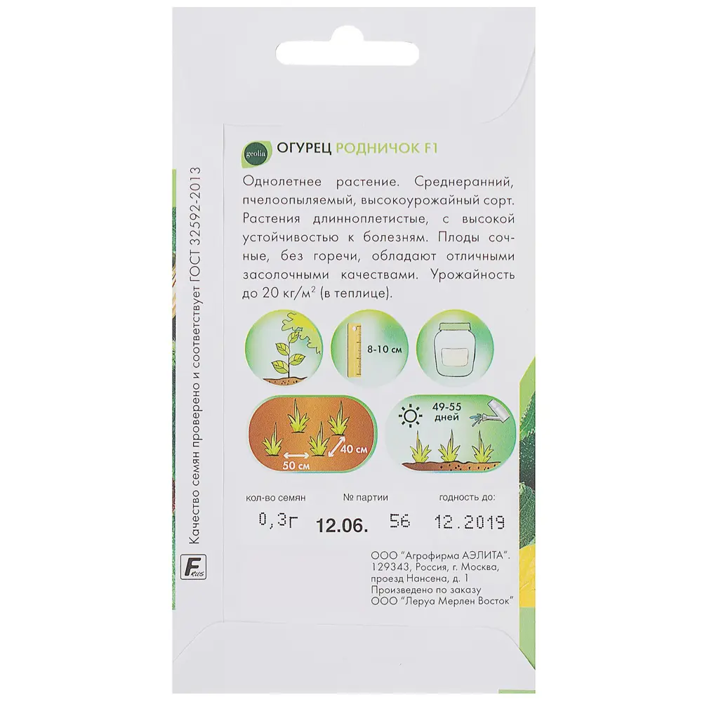 Семена огурца Geolia «Родничок» F1 - высокоурожайный сорт для засолки 17584840 STLM-1478965 - Вид №1