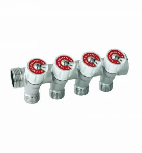 Carlo Poletti C52401QBI35 Коллектор сборный, с регулировочным клапаном. Ручка белая с идентификационными пластинками красный/синий. 4 ответвления, межосевое расстояние 35 мм.