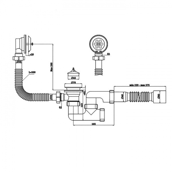Сифон для ванны 1 1/2 регулир. с гибкой трубой 40х50 Е255 АНИ E255 АНИ пласт 151742 - Вид №1