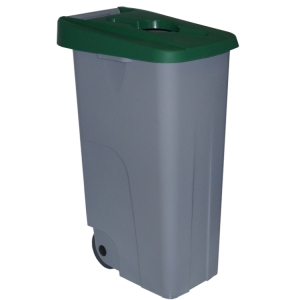 232504 DENOX Контейнер для раздельного сбора мусора серый на колесах с зеленой крышкой с ручкой 110 л. Серый, крышка зеленая