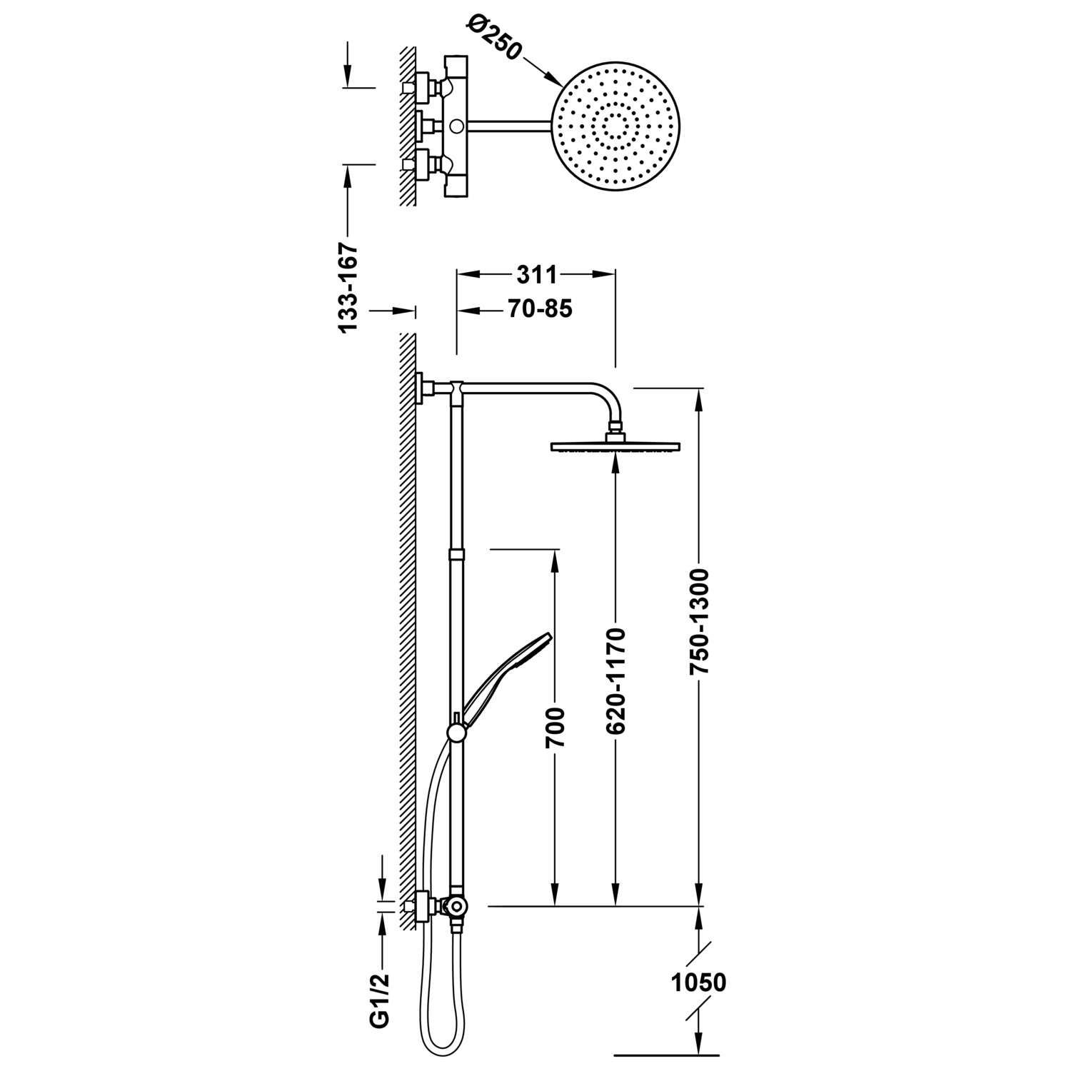 BASE PLUS 2-полосный настенный термостатический смеситель для душа-21639302NM TRES - Вид №1
