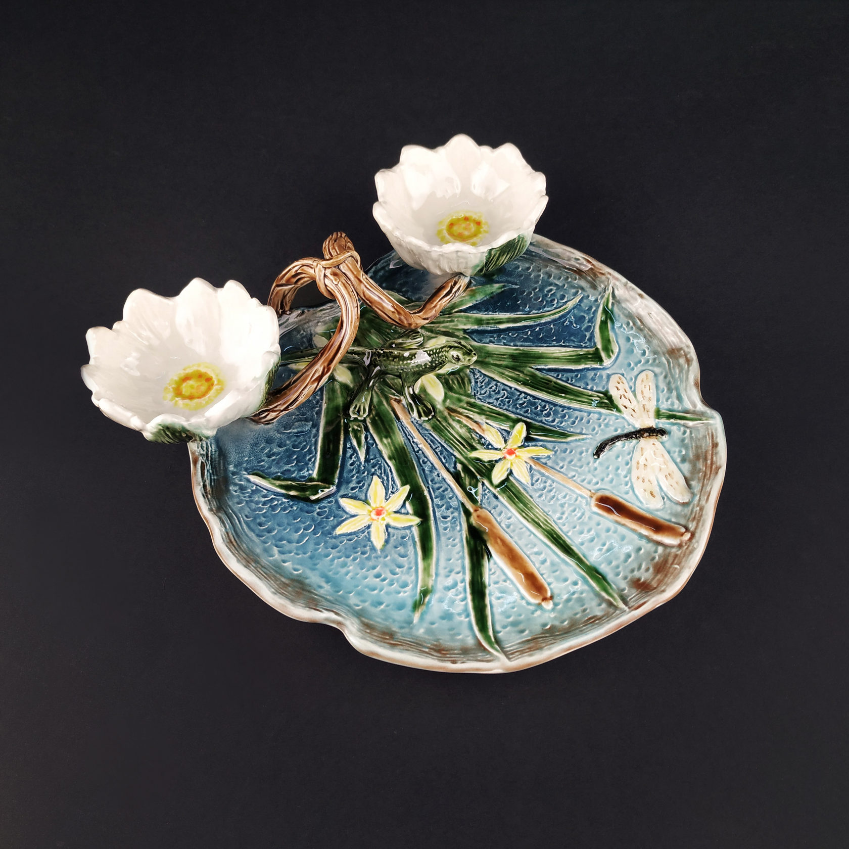 Блюдо для закусок (с двумя кувшинками) Синий/Зеленый PROVANSFAIENCE sun-id-994642 - Вид №1