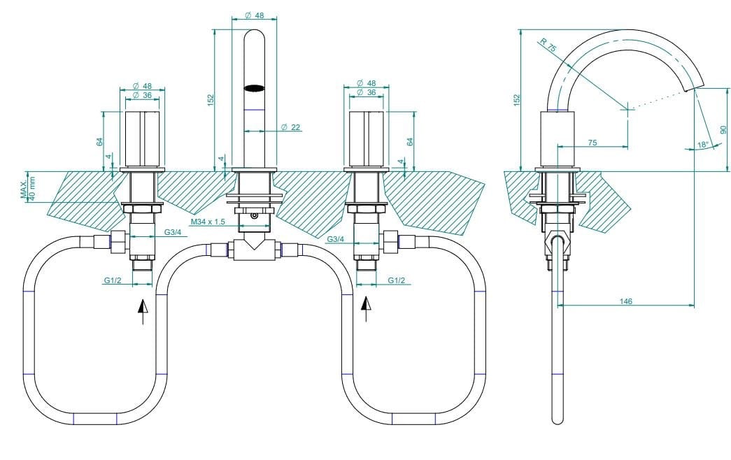 Смеситель для раковины с 3 отверстиями из нержавеющей стали Zazzeri Z316 ARCH-00088553 - Вид №3