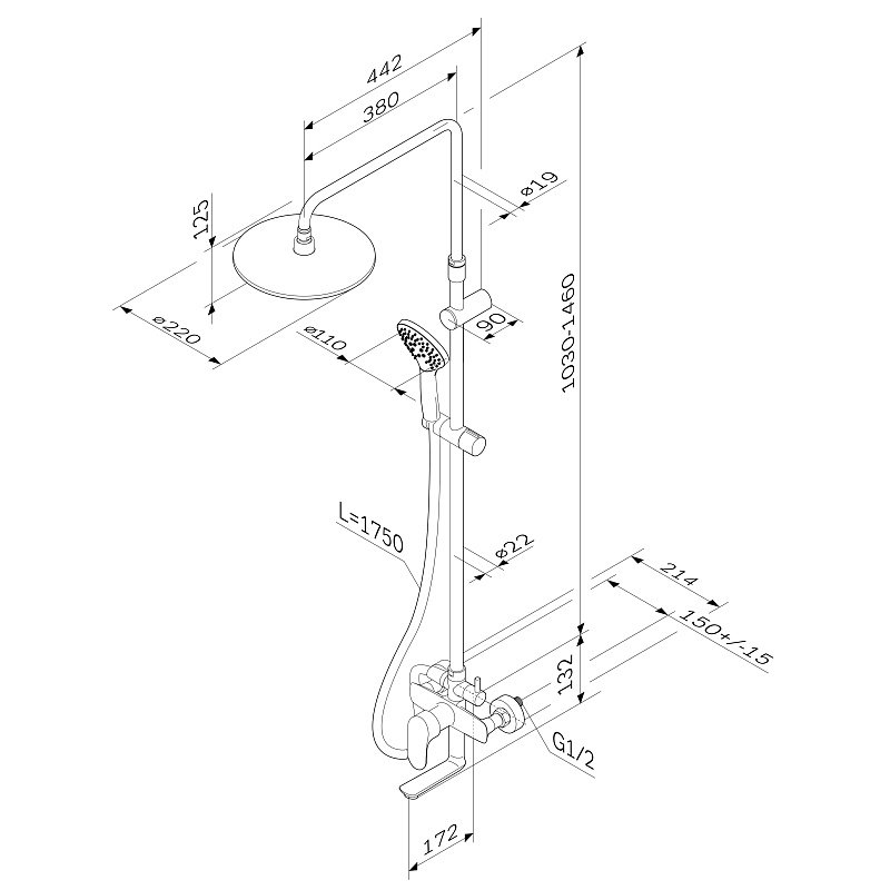 F0780920 душ.системанабор:см-ль д/ванны/душаверхний душ d220 мм ручной душ 110 мм 3 функци AM.PM Like - Вид №2