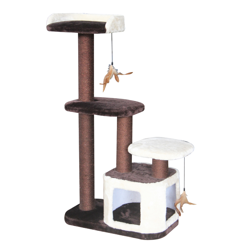 ПР0049181 Когтеточка для кошек трехуровневая с лежанками, домиком и игрушками 60х35х113см бело-коричневая Foxie 