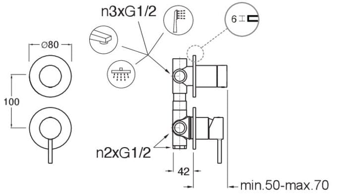 Однорычажный смеситель для душа с 2 отверстиями и переключателем CRISTINA Rubinetterie Phi ARCH-00151127 - Вид №2