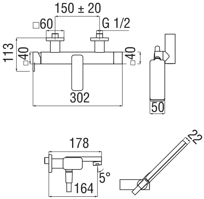 Nobili Rubinetterie Смеситель для ванны настенный с ручным душем Loop Lp90110cr - Вид №1