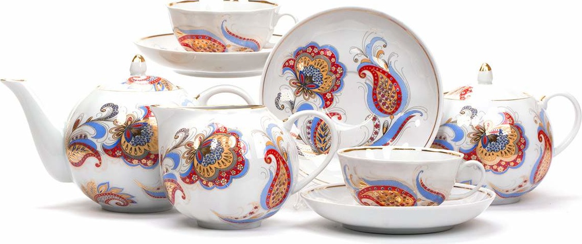 10631339 Дулевский фарфор Сервиз чайный 6/15 "Тюльпан" "Перо Жар-птицы" Фарфор 