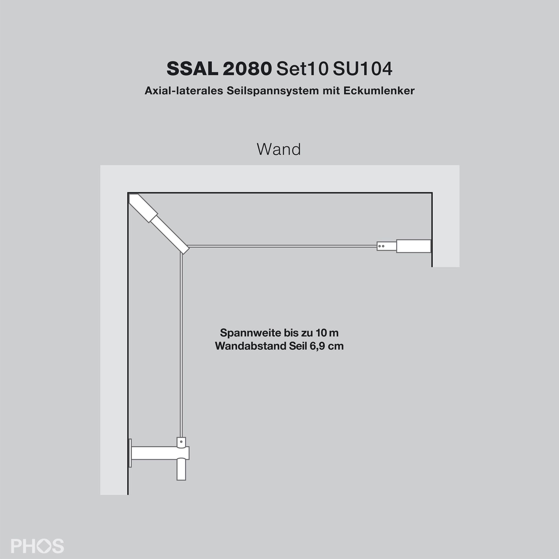SSAL2080Set10SU104 Система натяжения кабеля в осевом направлении с угловой направляющей до 10 метров, среднее расстояние от стены или потолка PHOS  - Вид №2