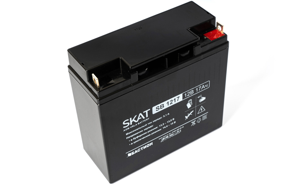 SKAT SB 1217 , 12v, 17ah, maximum charge current 5.1 a. terminal type - b1 (for m5 bolt with nut). case size - 77x180x168. weight - 4.9 kg. service life - 6 years. warranty - 18 months. Бастион  - Вид №3