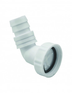 050400 001 00  Гнездо для переливного шланга, с коленом, гайкой и прокладкой, белый пластик Valentin Белый