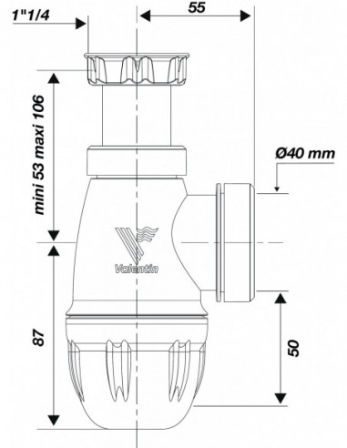 610800 001 00  Сифон Connectic NF для умывальника, регулируемый по высоте, Д. 40 мм, двухкомпонентный - встроенная прокладка Valentin Белый  - Вид №2