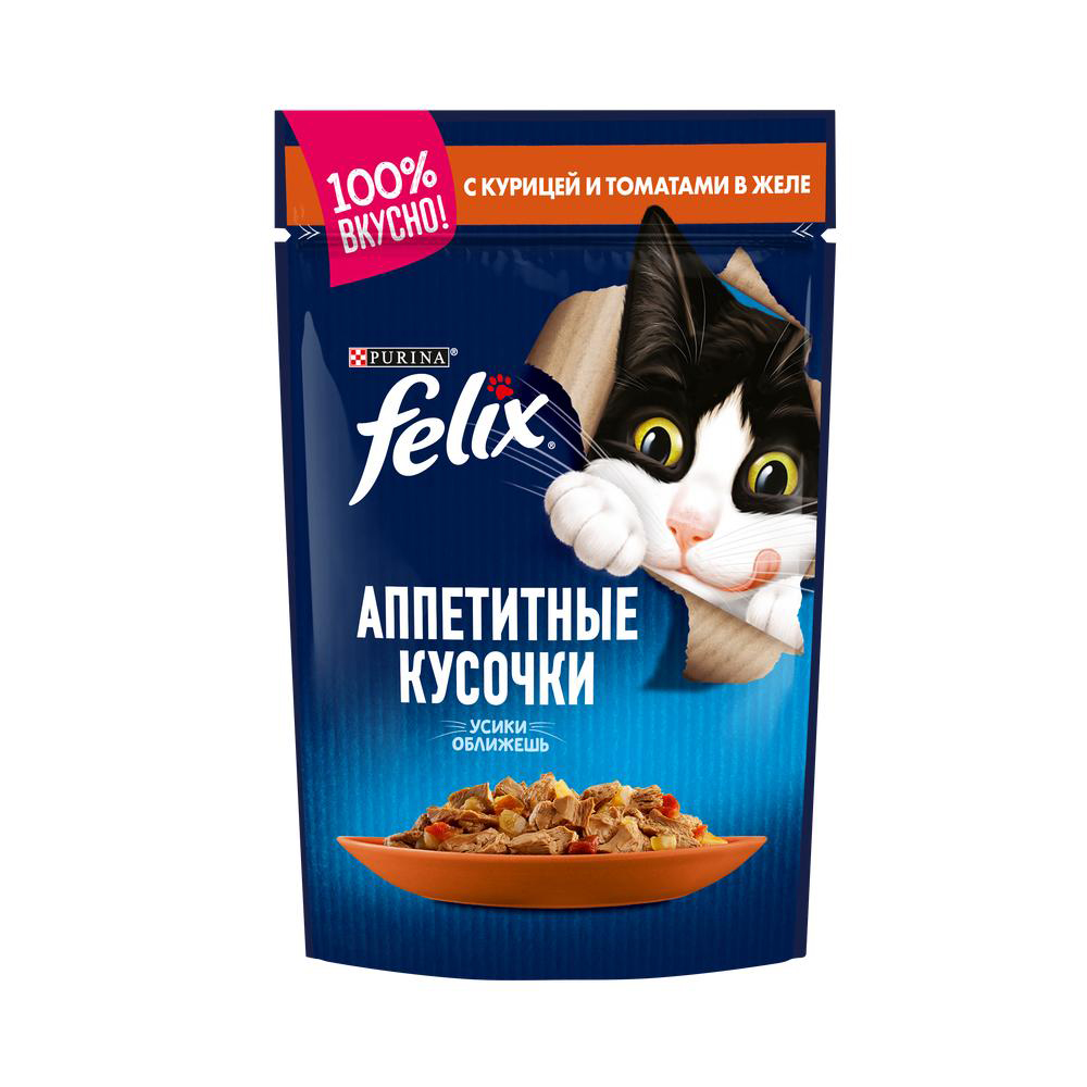 ПР0013786 Корм для кошек Аппетитные кусочки с курицей и томатами в желе, пауч 85 г FELIX 