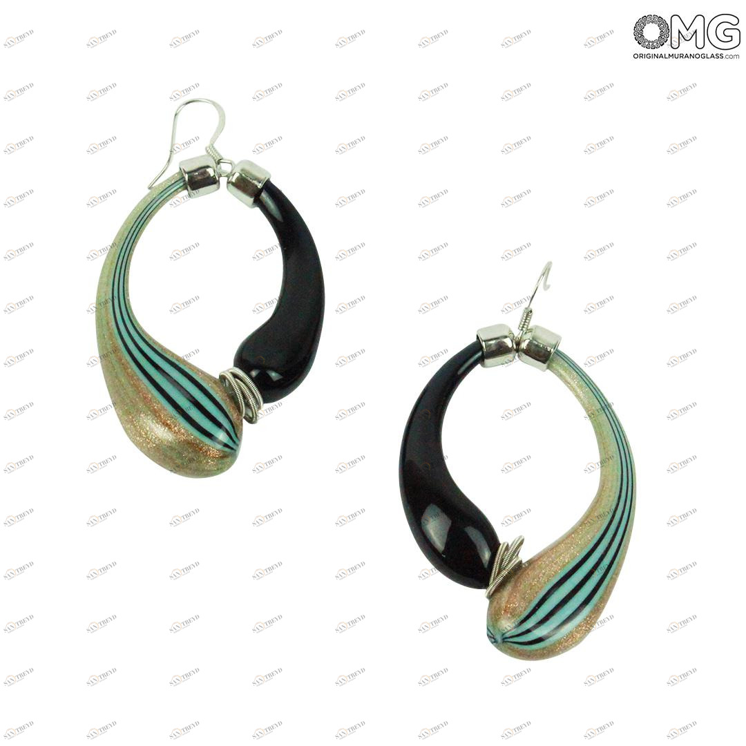 804 ORIGINALMURANOGLASS Серьги Дениз черные-зеленые-золотые - муранское стекло OMG 5 см 