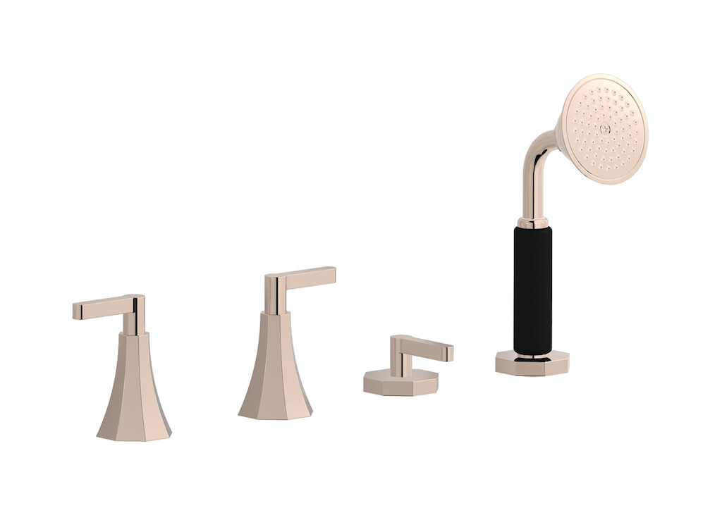 Смеситель на бортик ванной на 4 отверстия с изливом, дивертером и душевым гарнитуром. WE ARE IB bl397rs Rose Gold Belmondo 