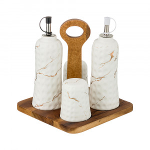 412-117 Посуда фарфоровая Набор для специй 4 предмета на деревянной подставке коллекция золотой мрамор Lefard