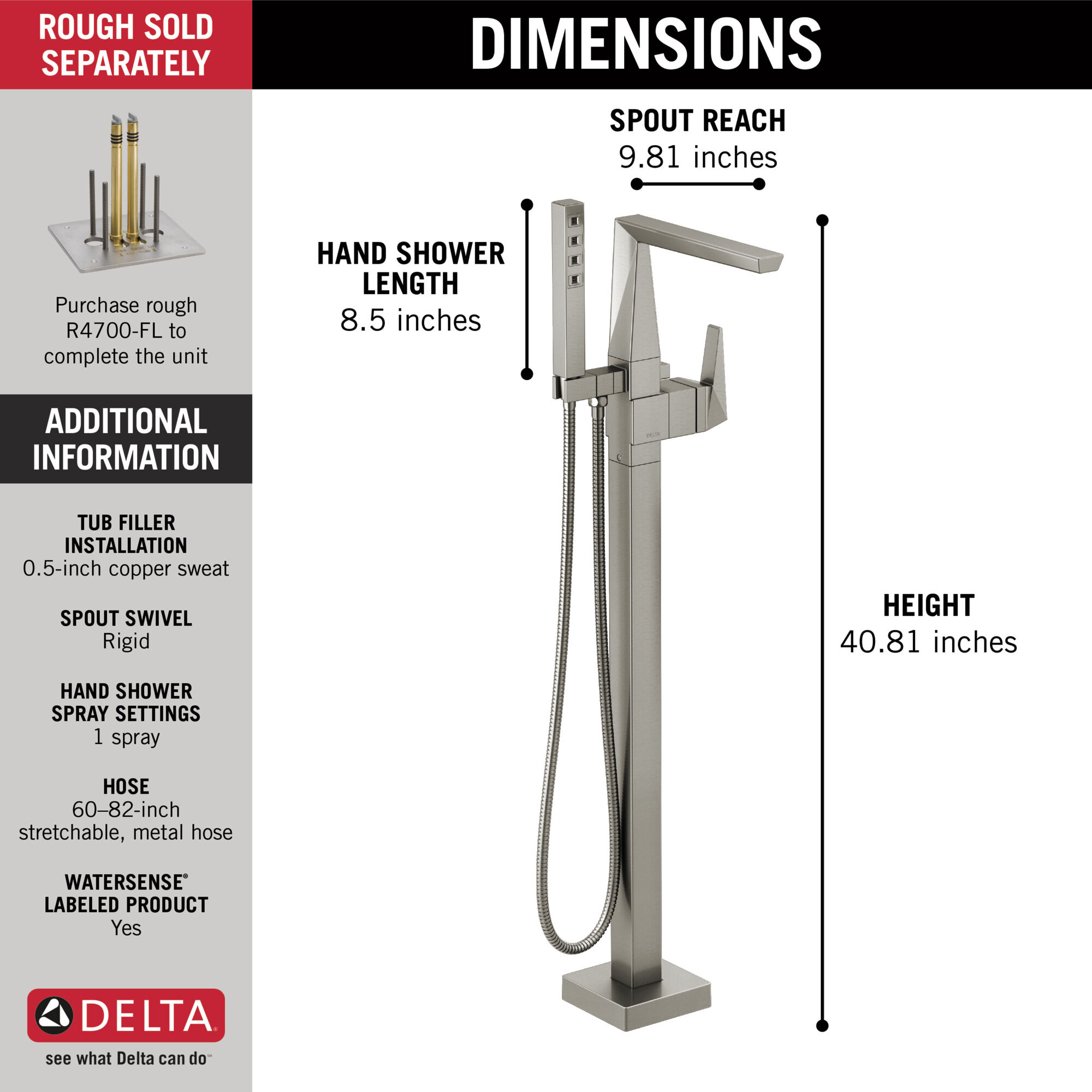 T4743-SSFL Накладка наполнителя ванны на полу с одной ручкой Delta Faucet Trillian Нержавеющая сталь  - Вид №3