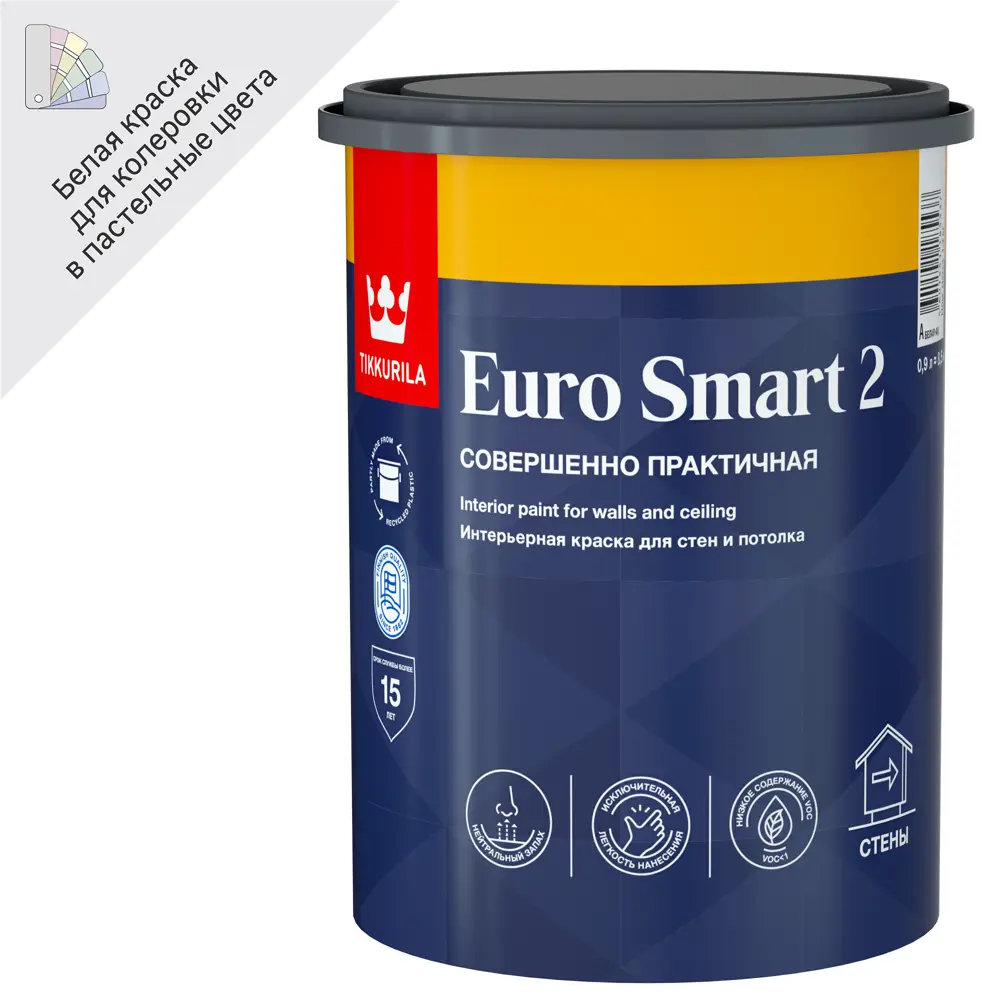 Интерьерная краска Tikkurila Euro Smart 2 - белоснежная матовость для стен и потолков 82198836 STLM-0021791