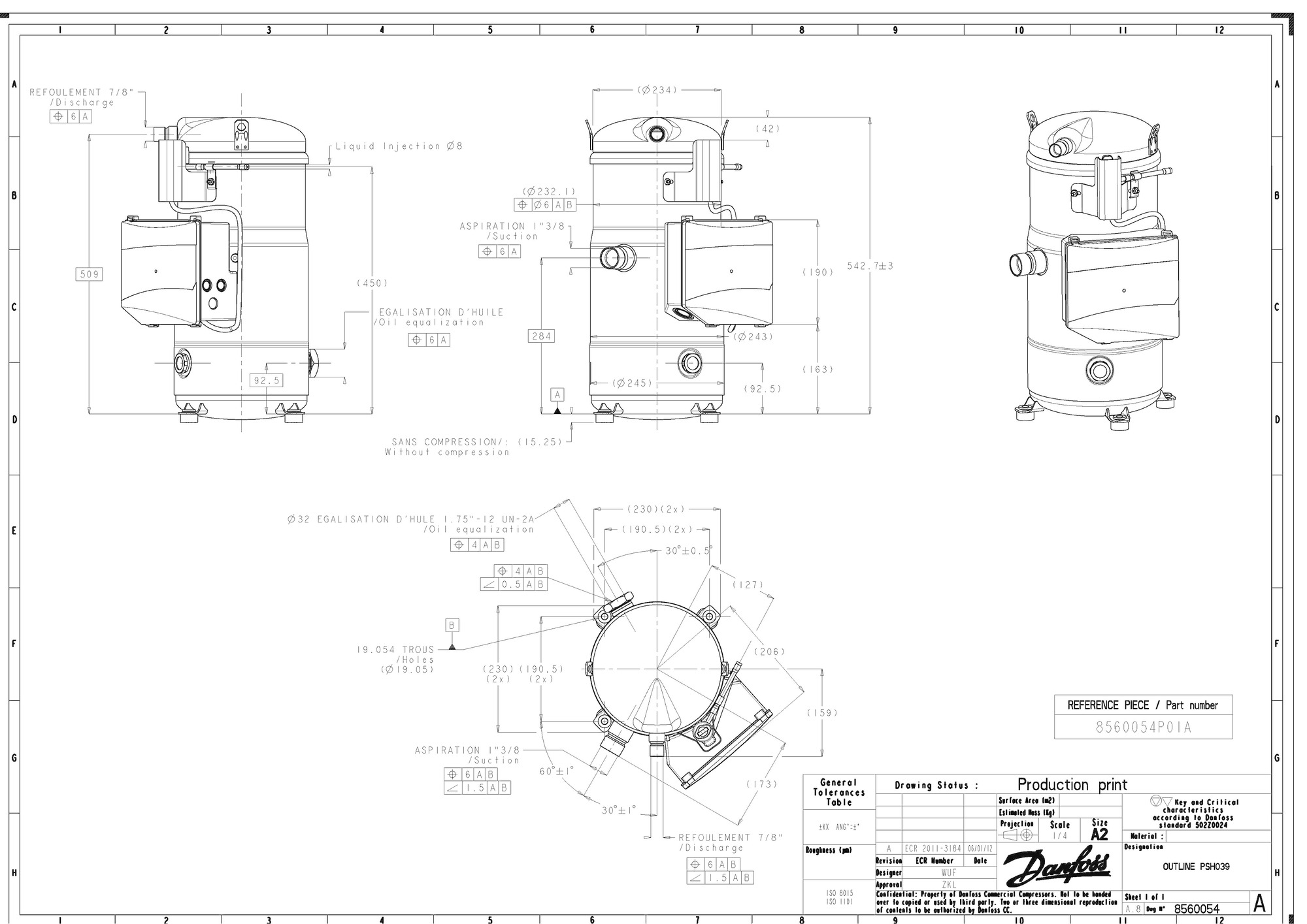 Danfoss PSH — Герметичные спиральные компрессоры, R410A PSH034A4CLD Спиральный компрессор 120H0939  - Вид №8