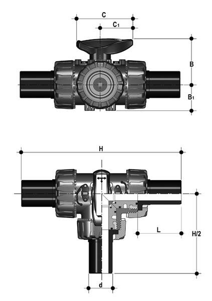 SANIT 841701210720252 3-ходовой шаровой кран d 20-63, ТКД DualBlock®, ПВХ-U, L-расточка PE100-LS-х частей  - Вид №1