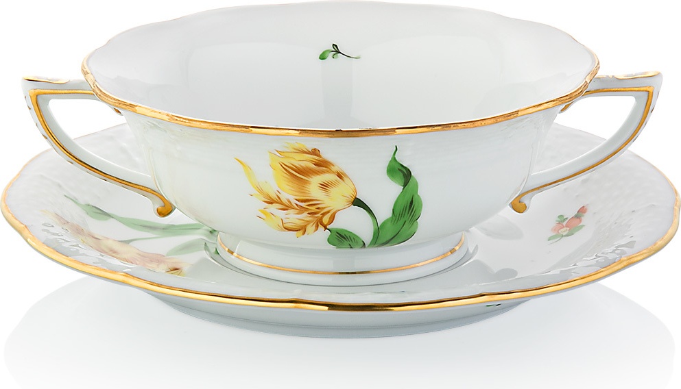 1051727 Herend Чашка суповая с блюдцем 360мл "Китти" (желтая) Фарфор 