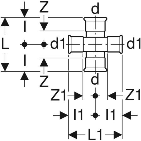 61506 Крестовина двухплоскостная Geberit Mapress из меди, редукционная, с уступом Geberit  - Вид №2