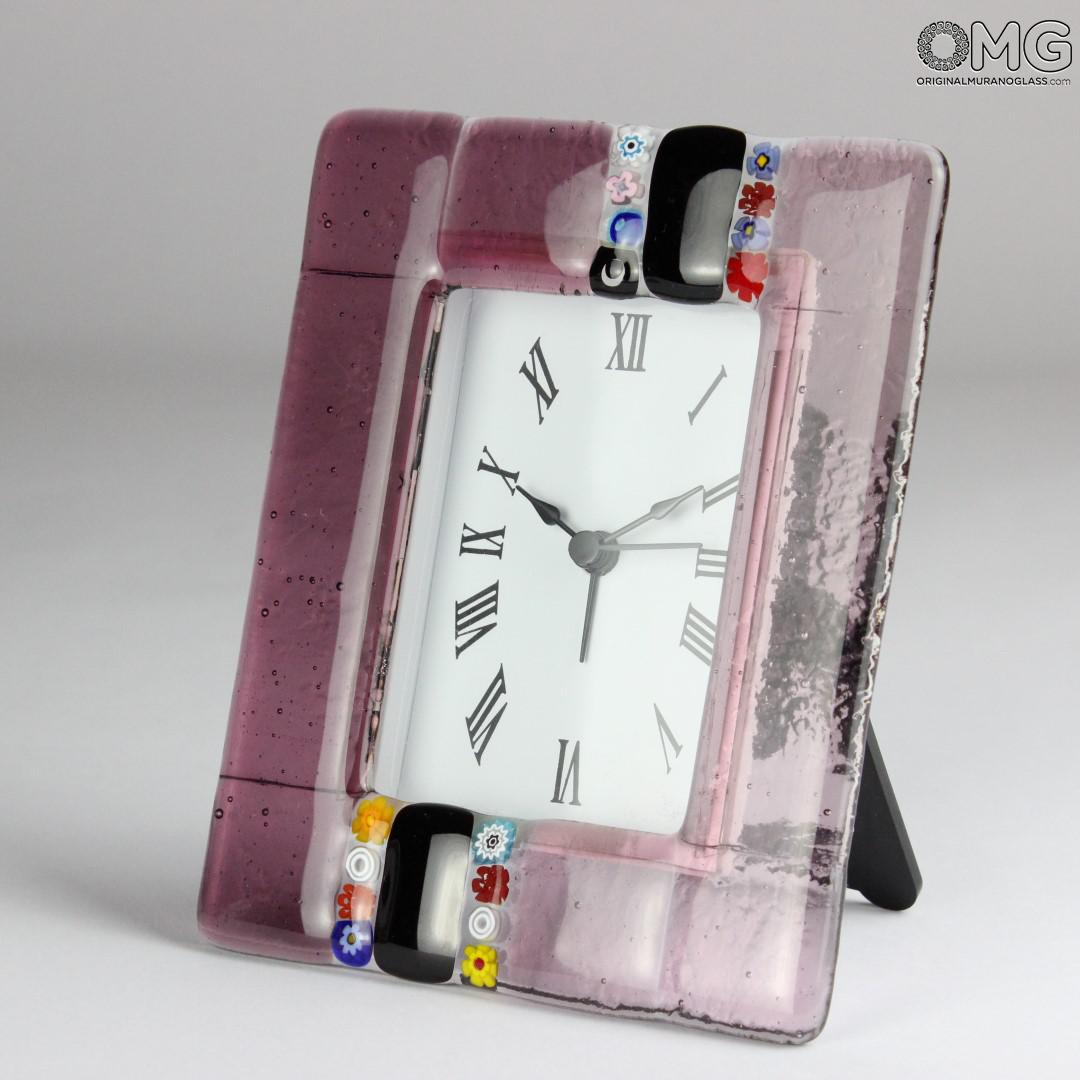 2714 ORIGINALMURANOGLASS Настольные часы с будильником - сиреневые миллефиори - Original Murano Glass OMG 11 см  - Вид №1