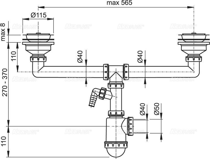 Сифон для сдвоенной мойки с нержавеющими решетками DN115 и штуцером ALCAPLAST A453P - Вид №1