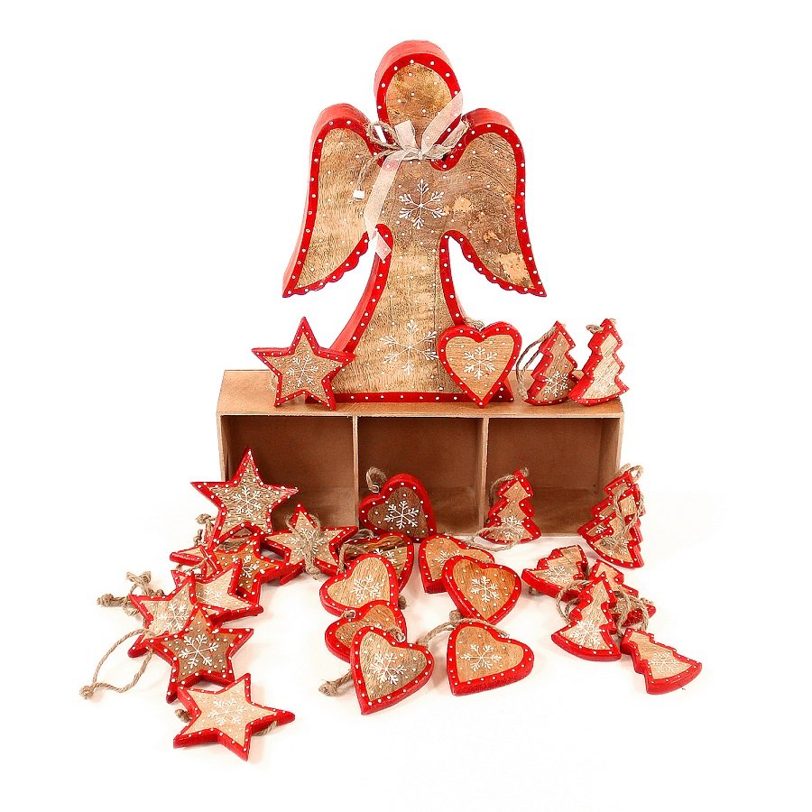 Набор елочных украшений деревянных в подарочной коробке "Звезды, ели, сердца с красным ободком" Star ENJOYME  253089 Красный;разноцветный  - Вид №2