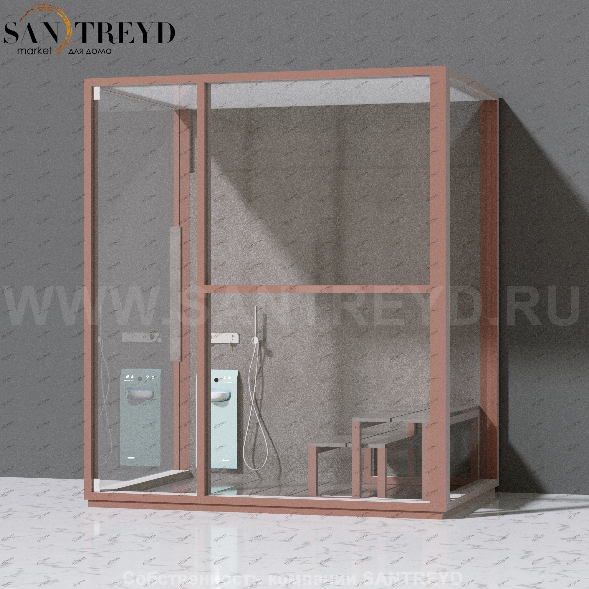 Effegibi H LARGE LO80030001 Комбинированная баня: хаммам и душ. Установка: к стене. Правая дверь. Мощность: 4,5 кВт макс. Размеры: длина 173 см, ширина 102 см. Отделка: матовый лакированный коричневый аллюминий и темный ламинат из керамогранита.