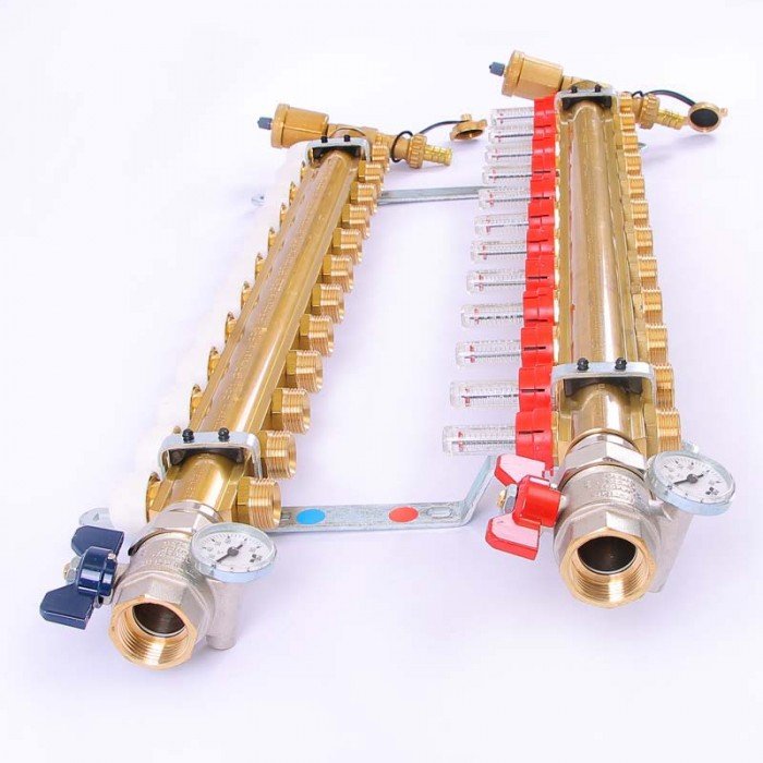 Коллектор для теплого пола TIEMME 1"x3/4"ЕК на 12 выходов с расходомерами 3870018 - Вид №1