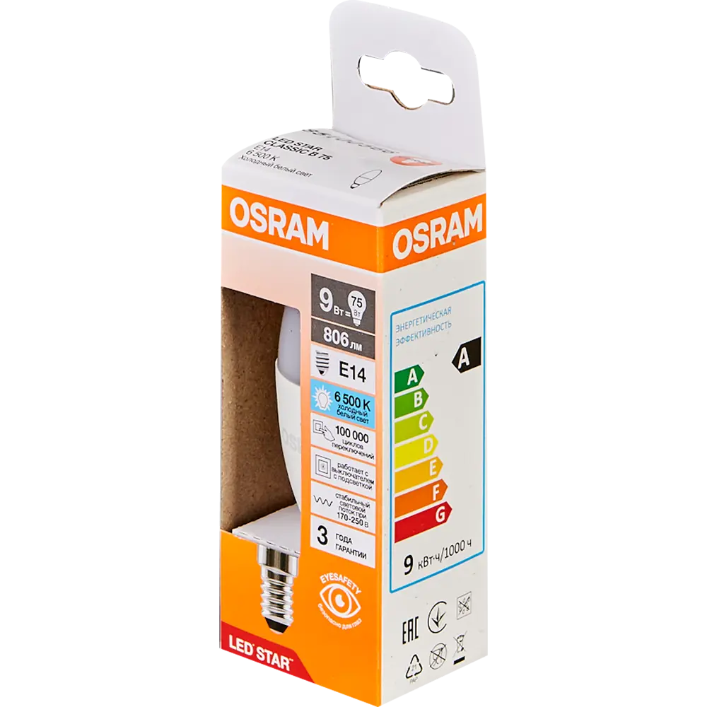 Светодиодная лампа OSRAM свеча 9Вт E14 холодный белый свет 85100566 STLM-1365688 - Вид №3