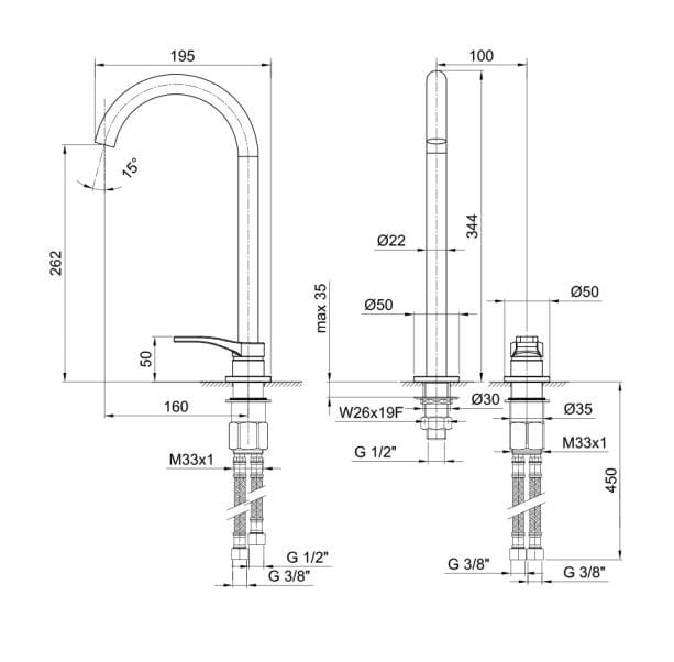 Смеситель для раковины с 2 отверстиями ABOUTWATER AL/23 ARCH-00099218 - Вид №3