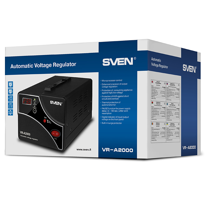 SV-014414 Stabilizer vr-a2000, relay, 2000va, 1200w, 140-275v, 2 euro outlets, black, 250 ? 165 ? 189mm, 4.58kg. Sven Santreyd  - Вид №3